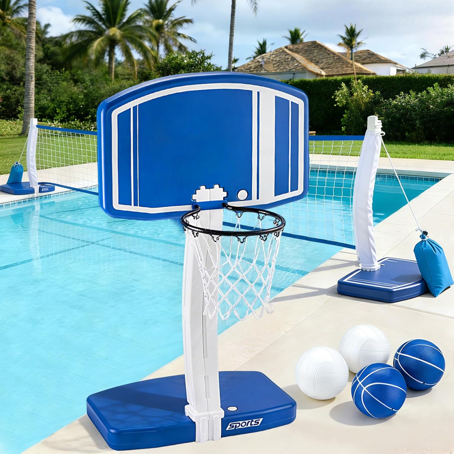 Basketball Hoop - ห่วงบาสเก็ตบอลเหนือพื้นดินและตาข่ายวอลเลย์บอล 2-in-1 ของเล่นเกมน้ำกลางแจ้งสำหรับเด็กอายุ 3-12 ปี วัยรุ่น
